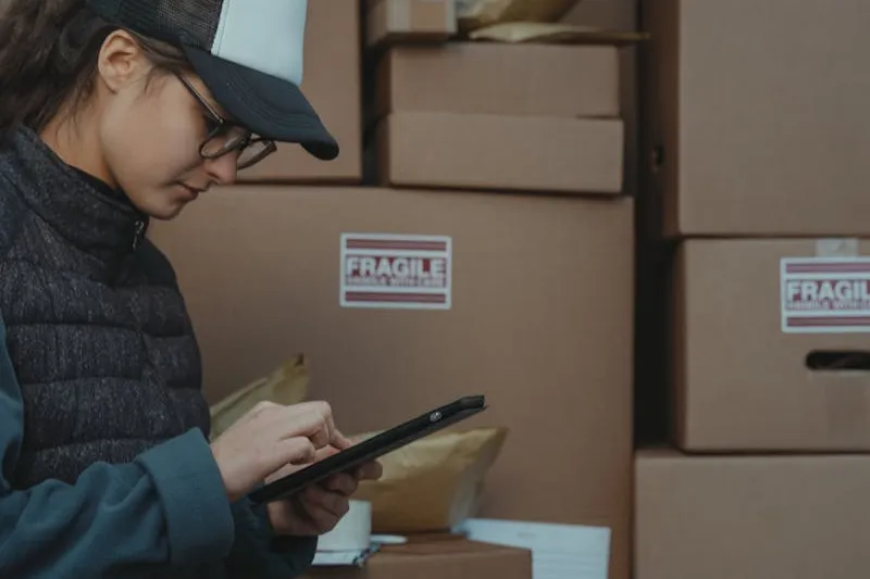 Worker checking a tablet while logging shipments next to fragile cargo boxes