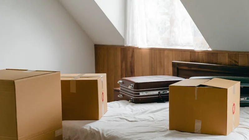 Cardboard boxes and a suitcase in a sunlit bedroom mid-move