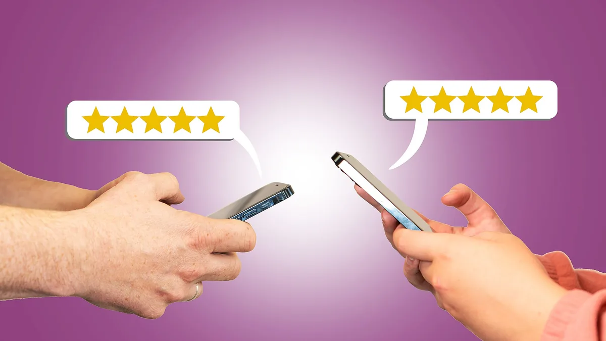 Two smartphones facing each other with 5-star review speech bubbles — the kind of ratings customers leave after a good move