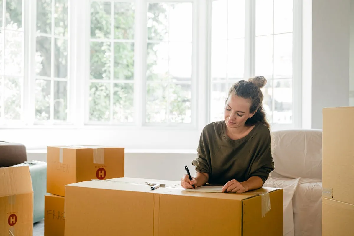 Woman labeling moving boxes while organizing a move