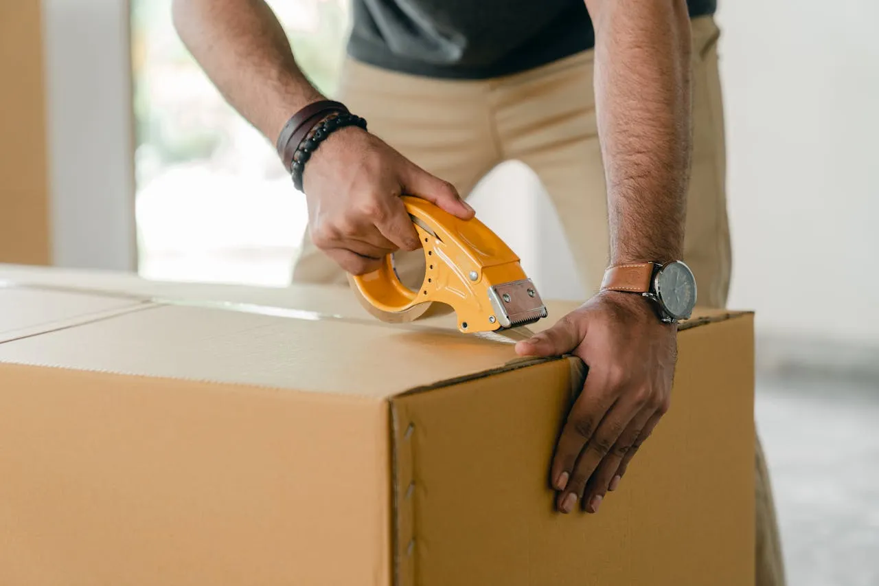 Mover taping a moving box shut with packing tape dispenser